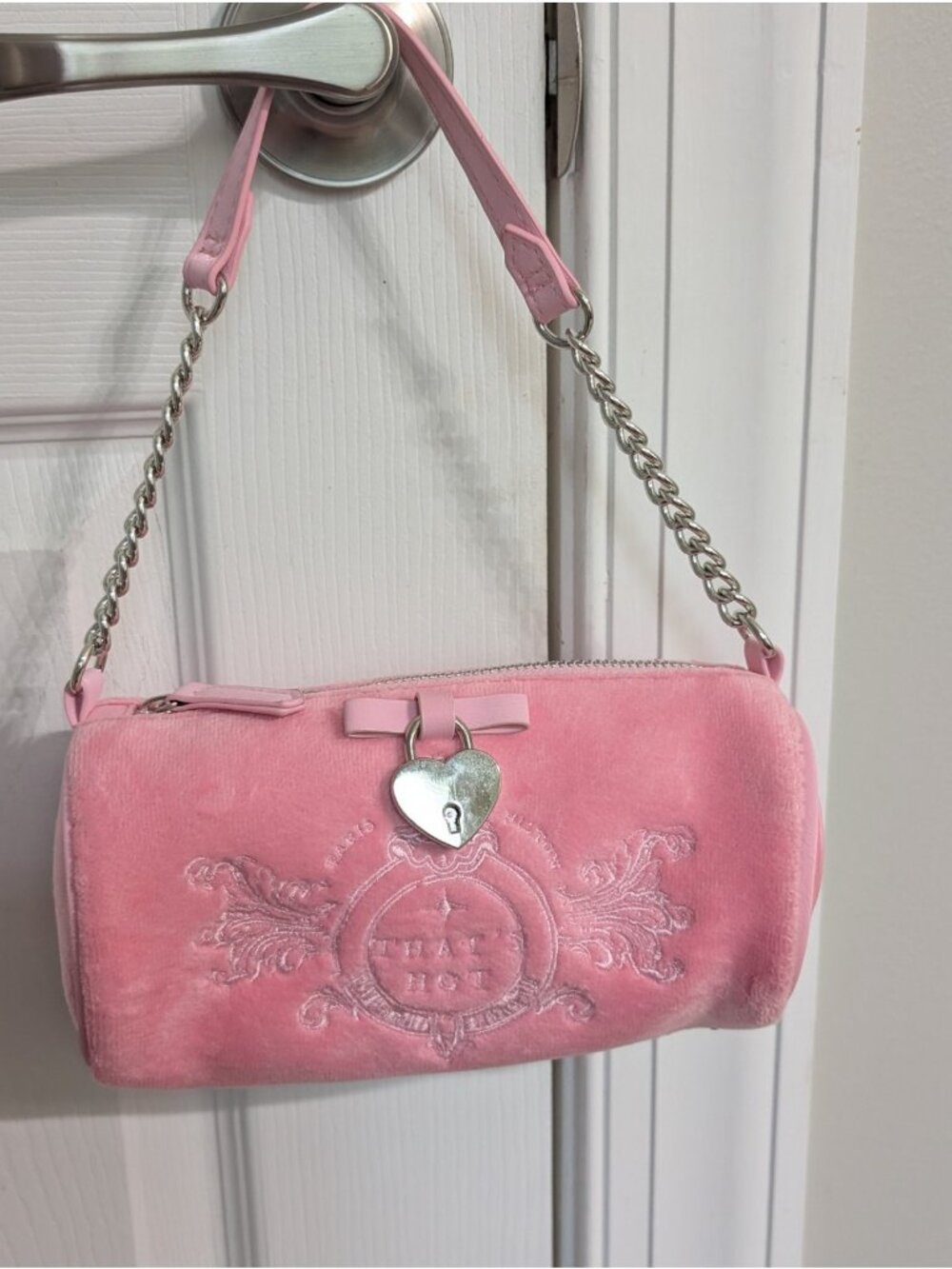 Women's Paris Hilton Pink "That's Hot" Mini Barrel Bag Velour Y2K Style - Picture 2 of 9